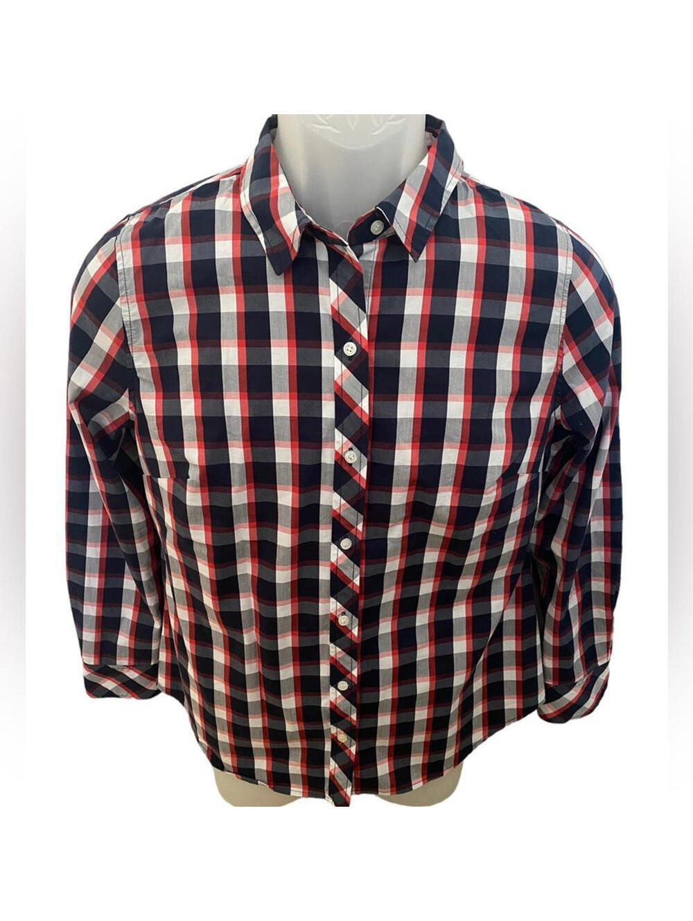 1901 Plaid Red, White & Blue Top Long Sleeve Blouse Women SP Small Petite
